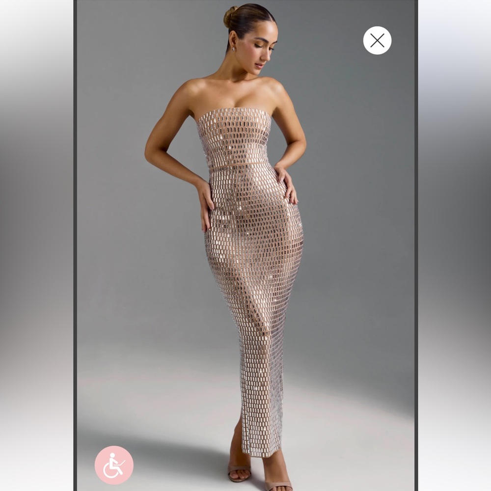 Oh Polly AMAYA Embellished Bandeau Maxi Dress in Almond- worn once and SOLD OUT!